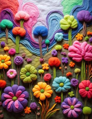 The primary subject of the image is a colorful display of flowers, with various types of flowers arranged in a visually appealing manner. The setting is a background of a colorful fabric, which adds to the vibrant atmosphere of the scene. The visual style of the image is a combination of photo and digital art, creating a unique and eye-catching display. The dominant colors in the image are pink, yellow, and purple, which contribute to a cheerful and lively mood.